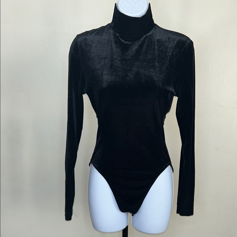 Black Velvet Turtleneck Bodysuit - Women Tops